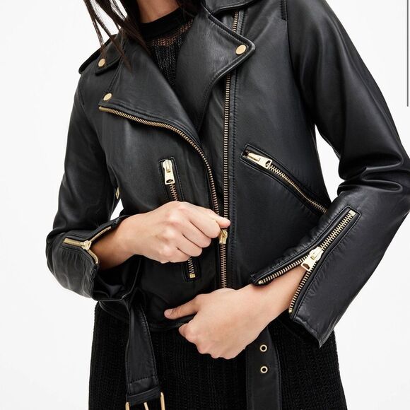 NWT All Saints Balfern Black Leather Biker Jacket with Silver Hardware - Picture 9 of 11